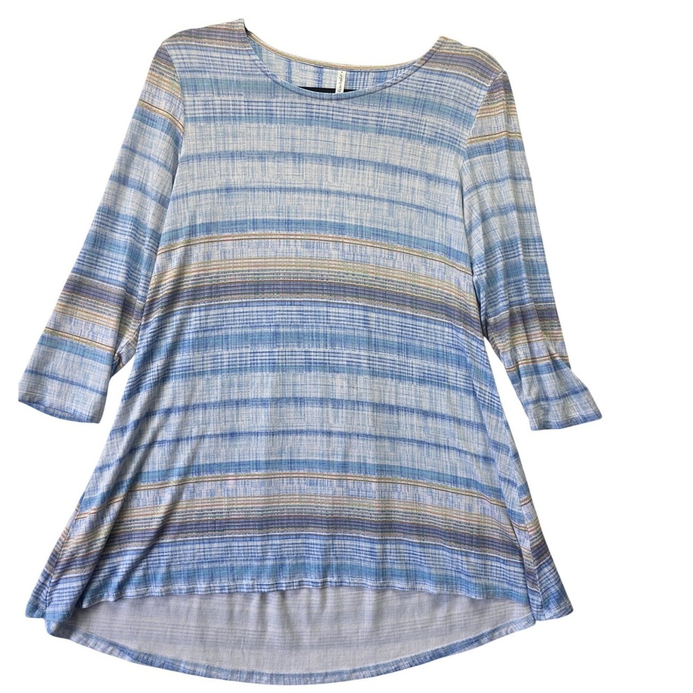 Passports Womens Blue Striped Tunic Top 3/4 Sleeve High Low Hem Small
